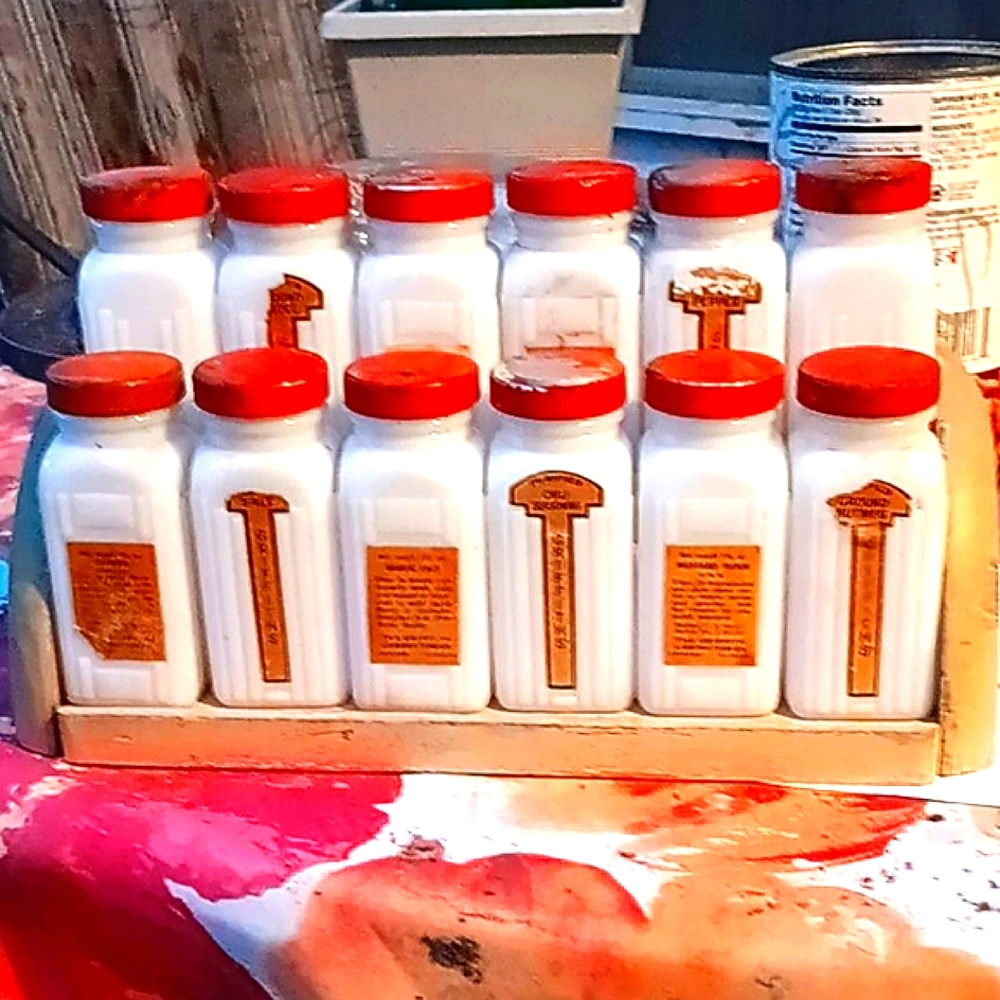 Set of Vintage Spice Jars with Red Lids